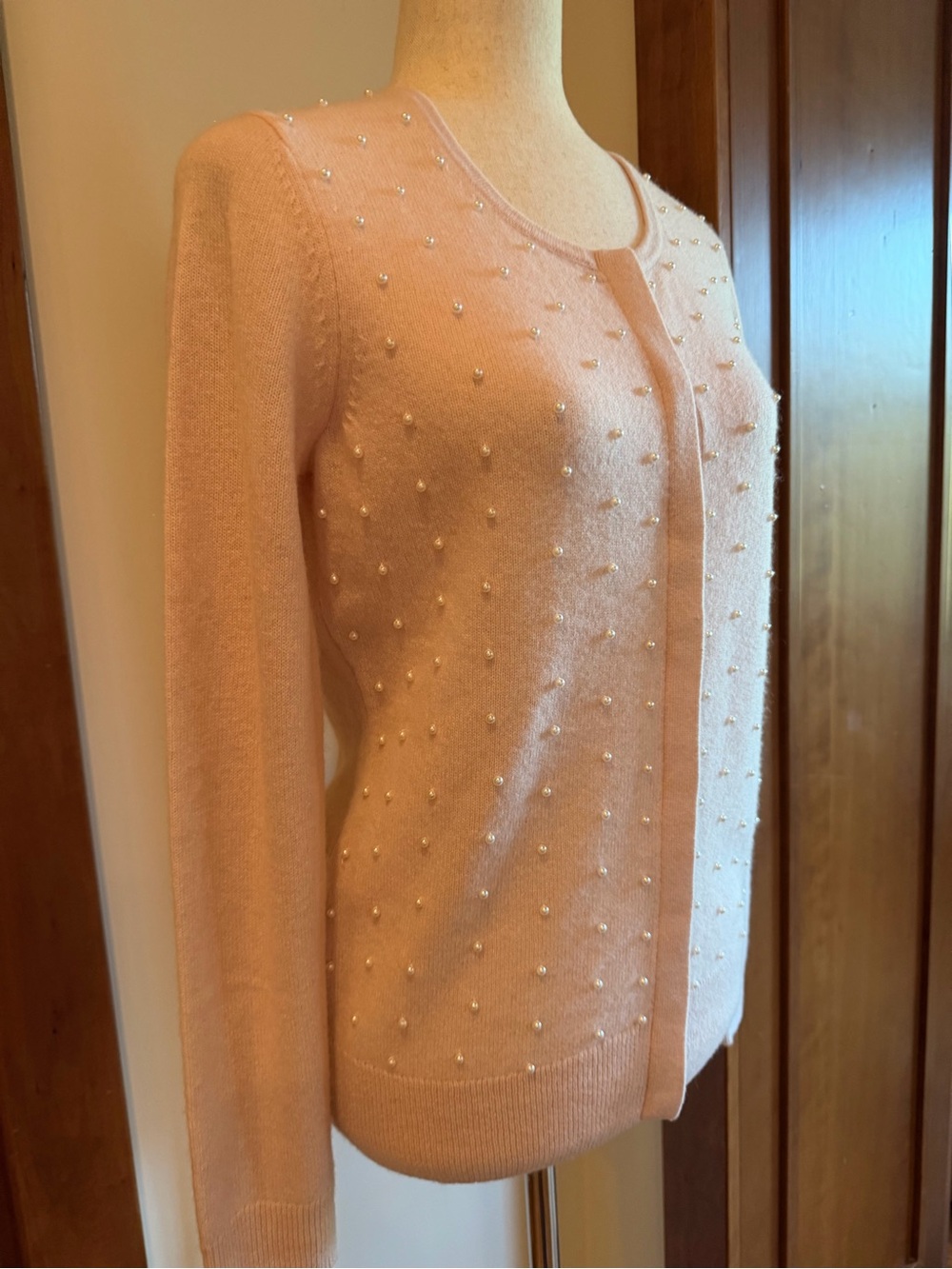 Only Mine Pale Pink Pearl-Detail Knit Cashmere Cardigan